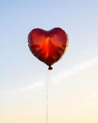 Fototapeta premium A single heart-shaped balloon floating in the sky at sunset against pure white background