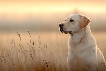 Golden Labrador Retriever at Sunset - A loyal companion, serene sunset, tranquil field, golden fur, peaceful moment.