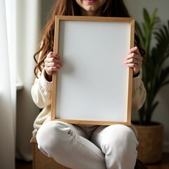 A sitting girl holds a photo frame in her hands. Photo frame mockup