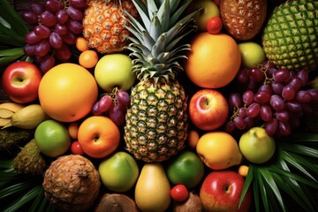 Top View of Fresh and Colorful Tropical Fruits Mix on Green Background - Ripe Pineapple and Assorted Fruits to Satisfy Your Cravings
