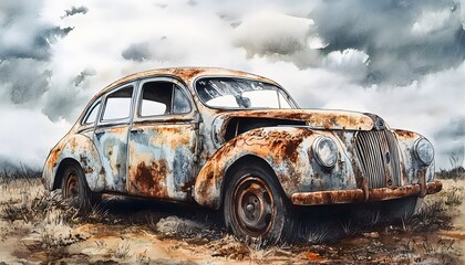 Obraz premium Rusty Vintage Car Abandoned in a Field