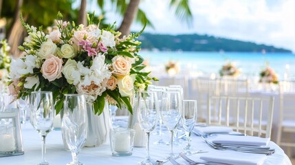 Beach Wedding Reception Table Setting - Elegant wedding reception table setting on a beach, featuring a beautiful floral centerpiece and white table settings.