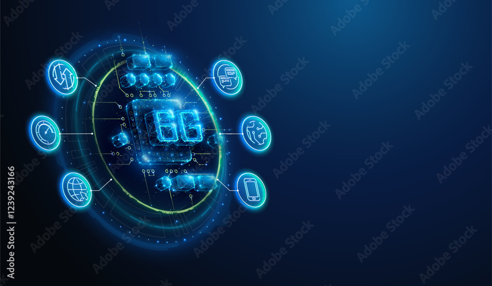 Wall mural lowpoly 6g communication hardware with lineart icons. abstract geometric illustration on sixth gener