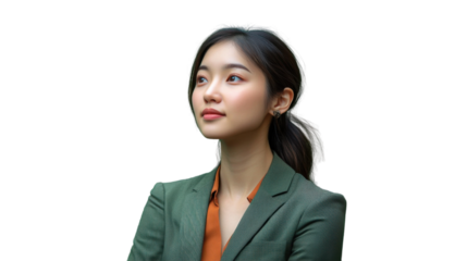 Young asian businesswoman looking up with a transparent background