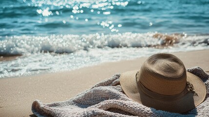 Sun Hat on Sandy Beach with Gentle Waves and Sparkling Water