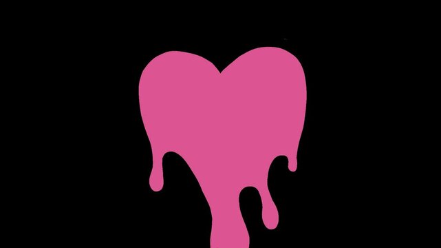 Pink solid heart starts to melt, Animation of dripping from a pink heart on a black background, video transition