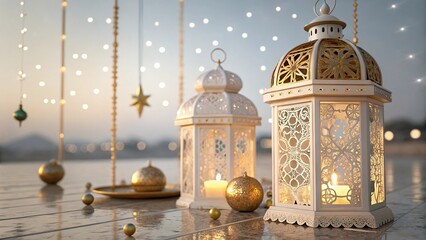 Obraz premium Beautiful ramadan elegant hanging lanterns background mosque background. Muslim holy month Ramadan Kareem