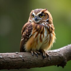 Fototapeta premium Eurasian pygmy owl resting on a weathered branch, alert , feather, bokeh