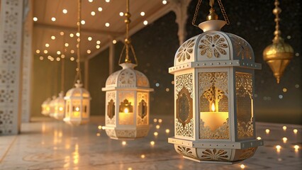Obraz premium Beautiful ramadan elegant hanging lanterns background mosque background. Muslim holy month Ramadan Kareem