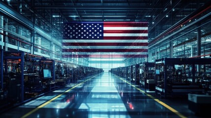 Modern automated production line in a smart factory with an imposing american flag, representing innovative manufacturing and industrial growth in the united states