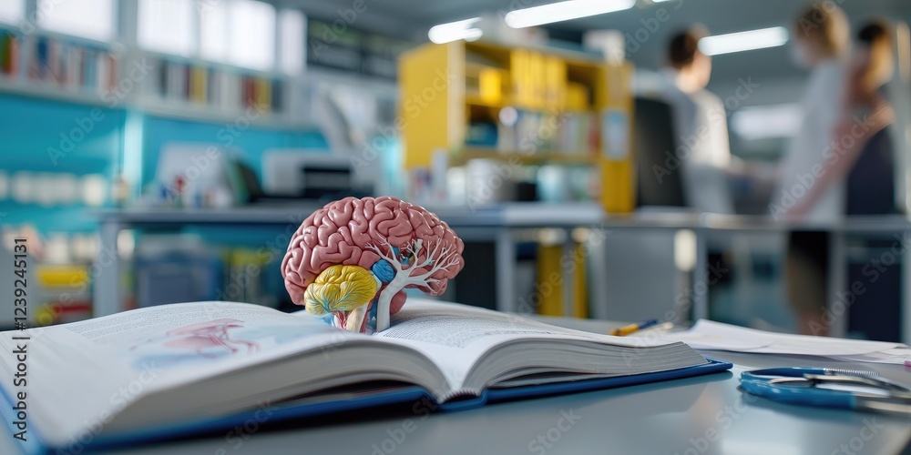 Poster anatomy textbook opened on a desk with colorful illustrations highlighting human organs
