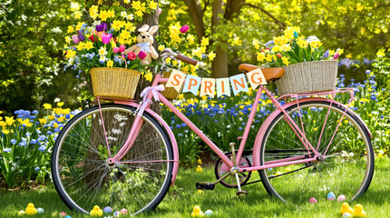 Fototapeta premium Spring scene with Bunny on Bicycle with Flowers and Easter Eggs in blossoming sunny garden. Easter concept