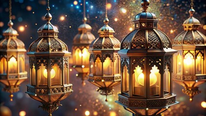Obraz premium Beautiful ramadan elegant hanging lanterns background mosque background. Muslim holy month Ramadan Kareem