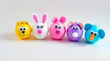 Fototapeta premium Colorful Animal Themed Easter Eggs with Googly Eyes on white background. Easter concept