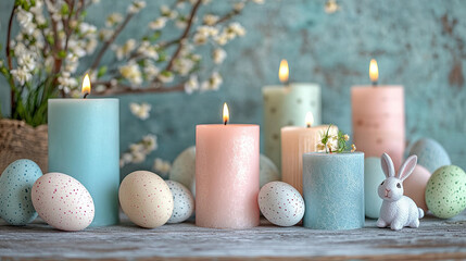 A cozy Easter-themed setup with pastel candles, speckled eggs, and charming bunny figurines on a rustic wooden surface. Blooming branches in the background enhance the festive ambiance.