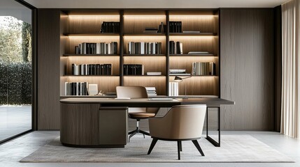 Modern Minimalist Office Interior with Elegant Shelving Design