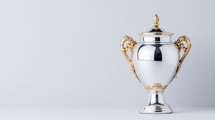 Fototapeta premium Silver trophy award on grey background, achievement concept
