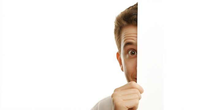 man peeking behind white wall with curious expression