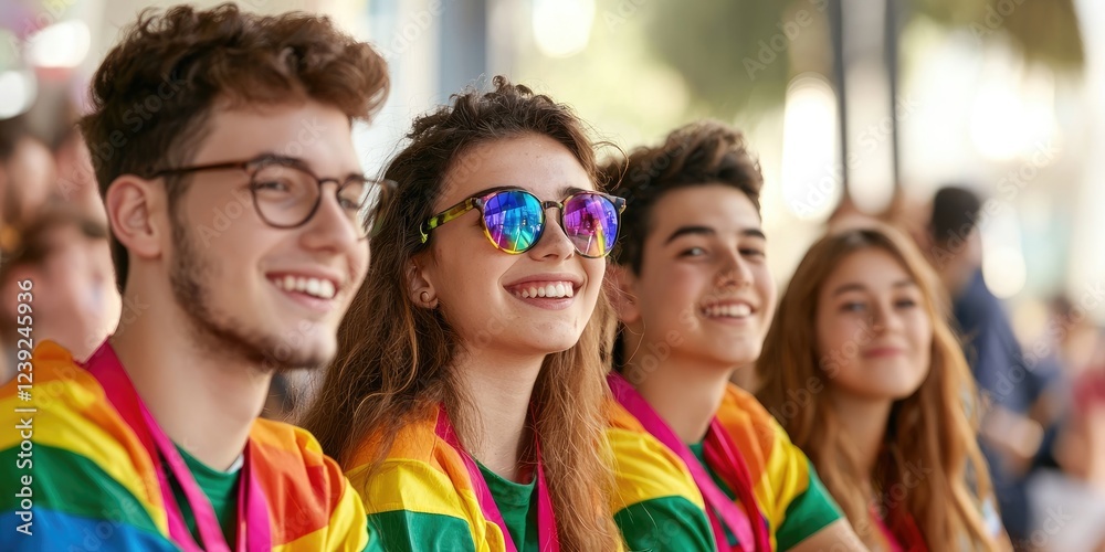 Poster group of students in matching uniforms and colorful accessories, sitting in a library, reflecting pe