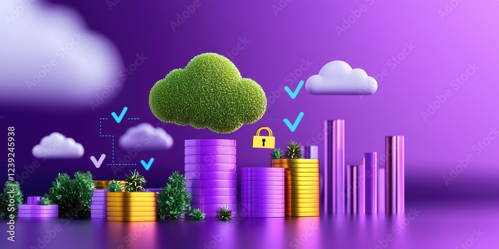 Poster data security in cloud storage depicted with a digital lock over cloud icons and graphs