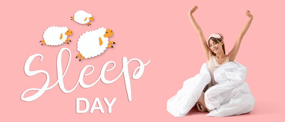 Beautiful young woman with sleeping mask and blanket on pink background