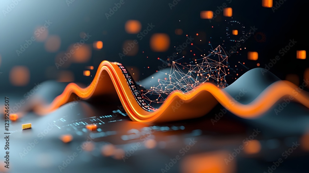 Poster a captivating digital landscape of glowing neon geometric shapes intricate web like structures and u