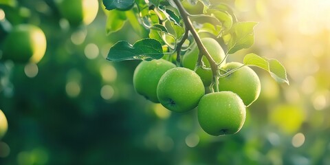 Sunlit Green Apples on Branch, Orchard Bounty, Fresh Fruit, Nature's Harvest