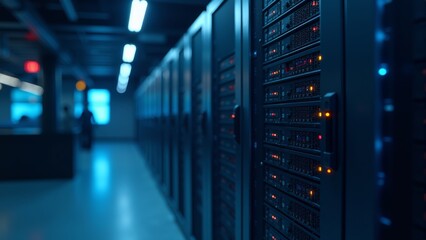 Illuminated data center corridor showcases advanced technology and digital connectivity