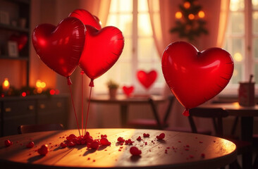 Valentine's day background with red heart shaped balloons on table