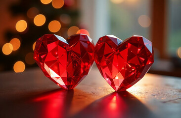 Valentine's Day. Anniversary. romantic. Two red glass hearts on the table.