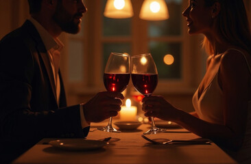 Valentine's Day. Anniversary. Romantic dinner. Close-up of a couple holding glasses of red wine while sitting at the table.