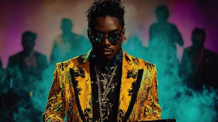 Stylish Performer in Bold Yellow Jacket Surrounded by Colorful Lights