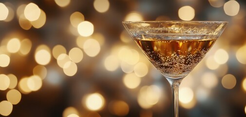 Elegant champagne cocktail in a clear glass against a sparkling bokeh background perfect for celebrations, events, and festive occasions with a warm atmosphere