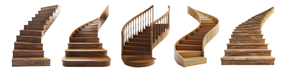 Set collection of circular spiral curved curvature wood wooden step stairs stairway staircase, front view on transparent cutout PNG. Many different style. Mockup template for design