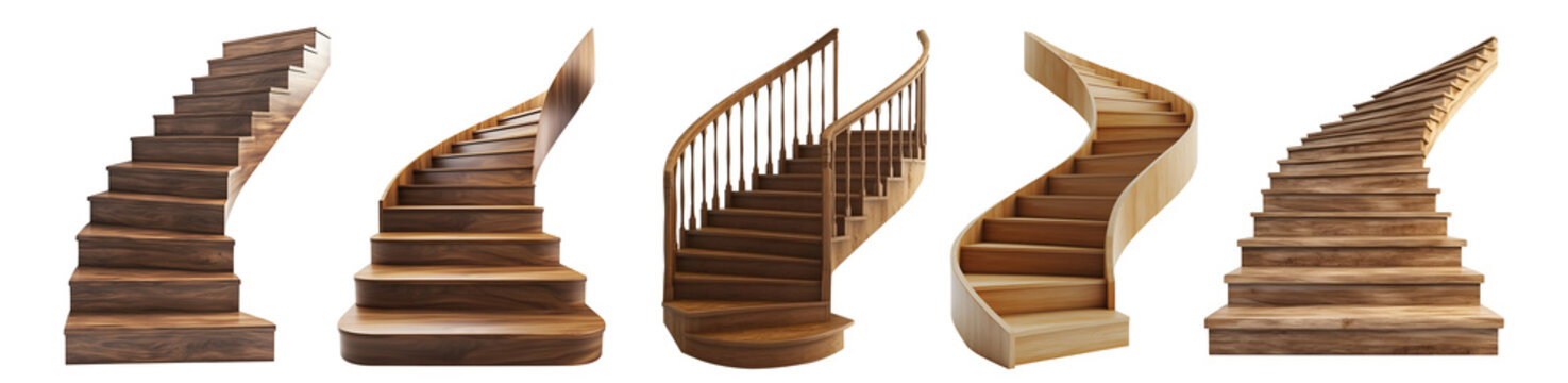 Set collection of circular spiral curved curvature wood wooden step stairs stairway staircase, front view on transparent cutout PNG. Many different style. Mockup template for design


