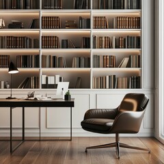 Cozy Modern Workspace with Bookshelves and Stylish Furniture