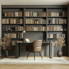Elegant Home Office with Bookshelves and Modern Furniture Design