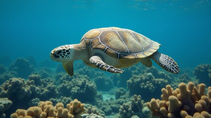 Obraz premium Majestic sea turtle gliding gracefully through vibrant coral reef waters