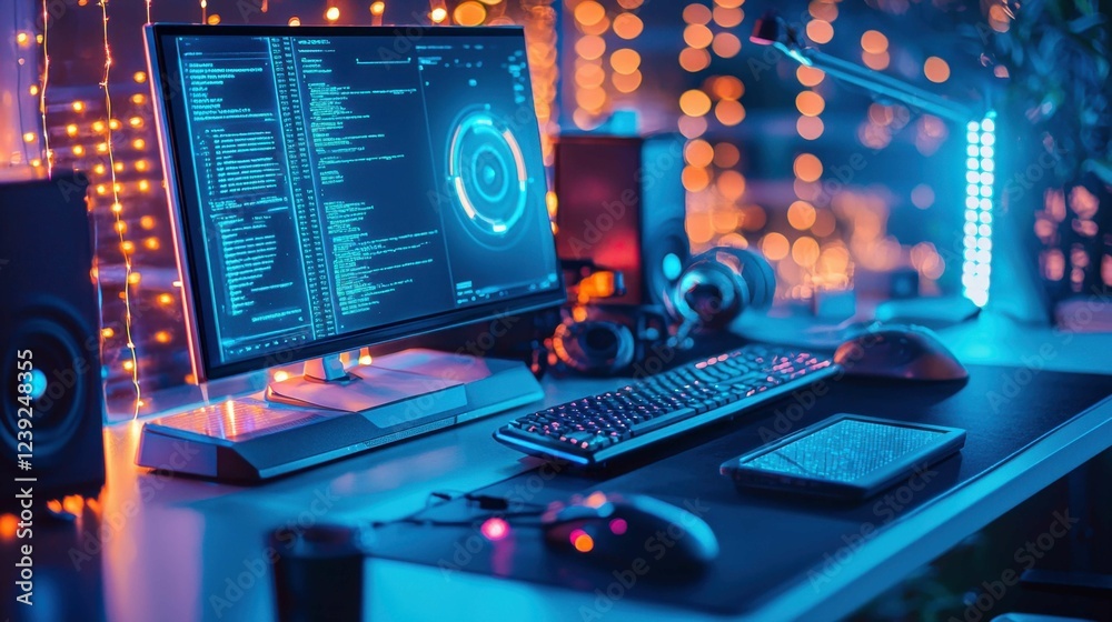 Poster modern computer setup with colorful lights and code display