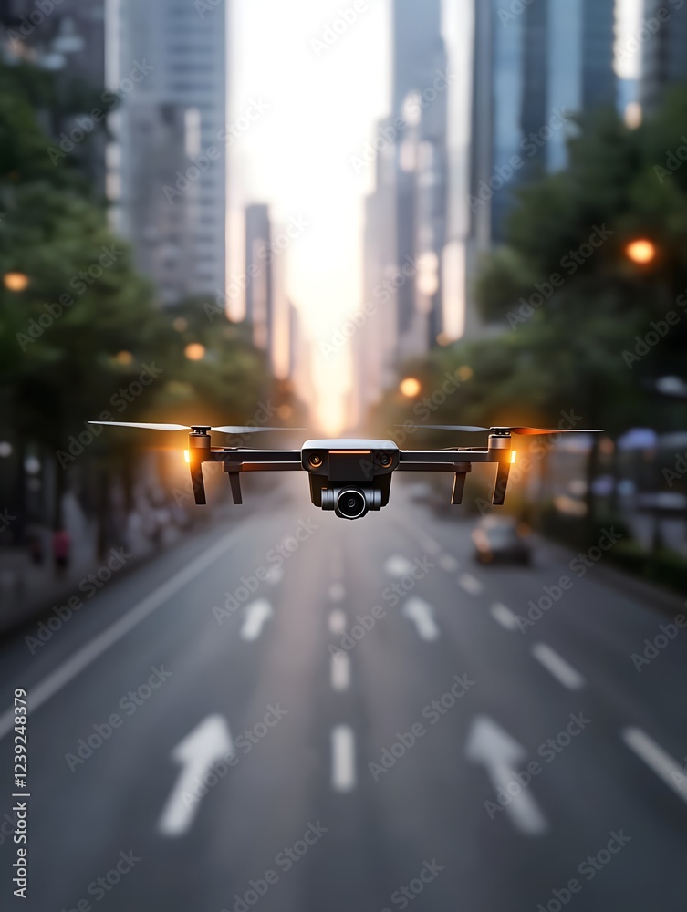 Poster a futuristic scene depicting a drone powered urban delivery network with ai optimized flight paths a