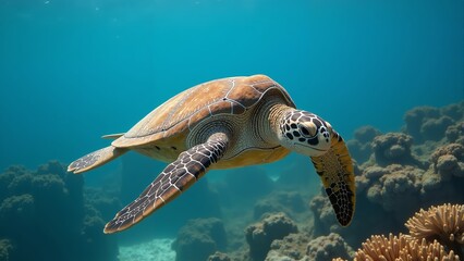 Obraz premium Majestic turtle gliding gracefully through vibrant coral reefs in a tranquil underwater paradise