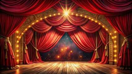 Surreal Fantasy Circus Stage: Red Curtains, Deep Depth of Field Stock Photo