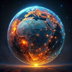Obraz premium Global network, Earth from space, glowing city lights, interconnected world, digital connections, futuristic planet view, orange and blue glow, satellite communications, global technology, data stream