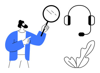 Person holding magnifying glass, headset, leaf element. Ideal for customer service, support, investigation, communication, technology problem-solving and business themes. Black and blue abstract