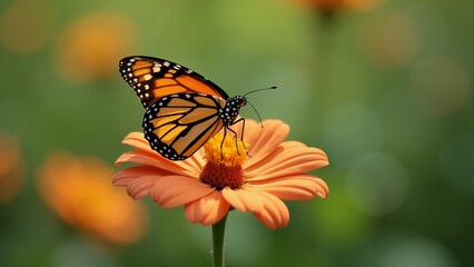 Obraz premium Monarch butterfly delicately rests on vibrant orange flower in a sunlit garden