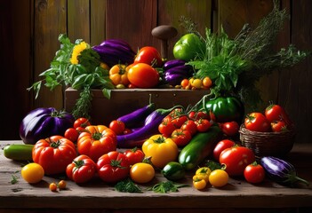 vibrant display fresh produce rustic wooden table emphasizing rich colors natural textures, basket, bowl, colorful, decoration, elegant, food, garden