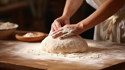 Woman Rolling Dough Ball for Baking. Homemade Pastry Making with Fresh Ingredients on Kitchen Table