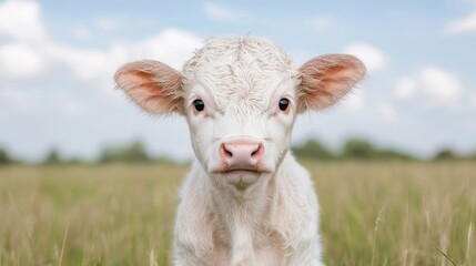 Obraz premium Cute calf in grassy field, sunny sky. Farm animal portrait