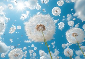 Obraz premium Enchanting Close-Up of Delicate Dandelion Flowers Under Bright Sunlight Against Clear Blue Sky with Soft Clouds and Floating Seeds