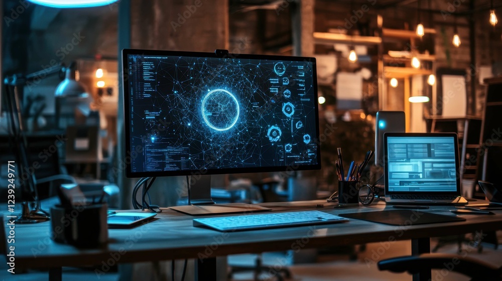 Poster modern workspace with monitors displaying data visualizations and charts